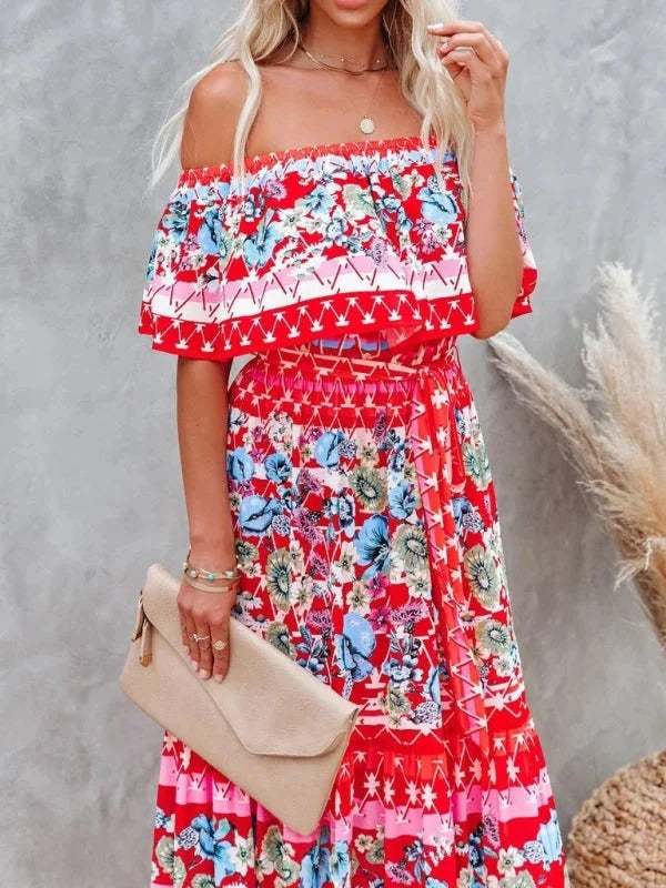 Luna’s Women’s Off-Shoulder Maxi Dress – Garden Muse Elegant Flowy Party Style