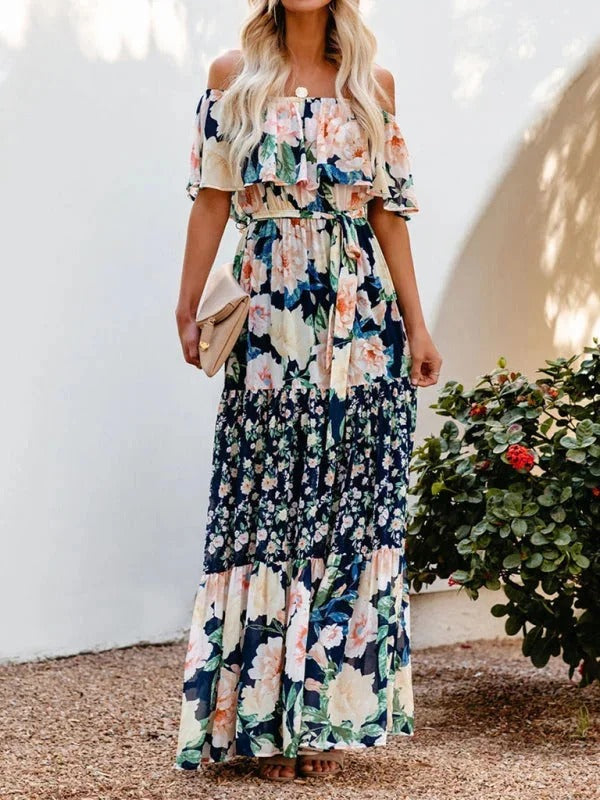 Luna’s Women’s Off-Shoulder Maxi Dress – Garden Muse Elegant Flowy Party Style