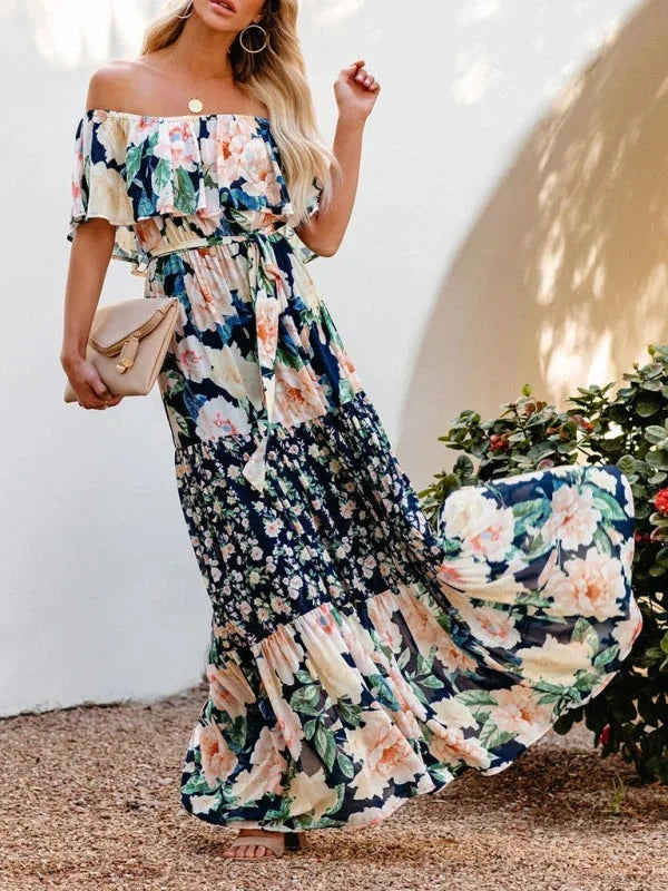 Luna’s Women’s Off-Shoulder Maxi Dress – Garden Muse Elegant Flowy Party Style