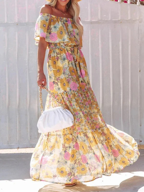 Luna’s Women’s Off-Shoulder Maxi Dress – Garden Muse Elegant Flowy Party Style