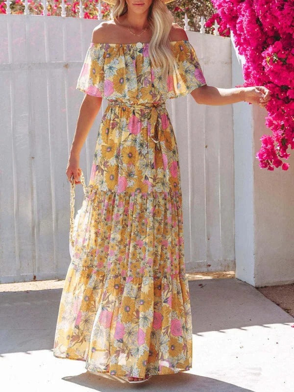 Luna’s Women’s Off-Shoulder Maxi Dress – Garden Muse Elegant Flowy Party Style