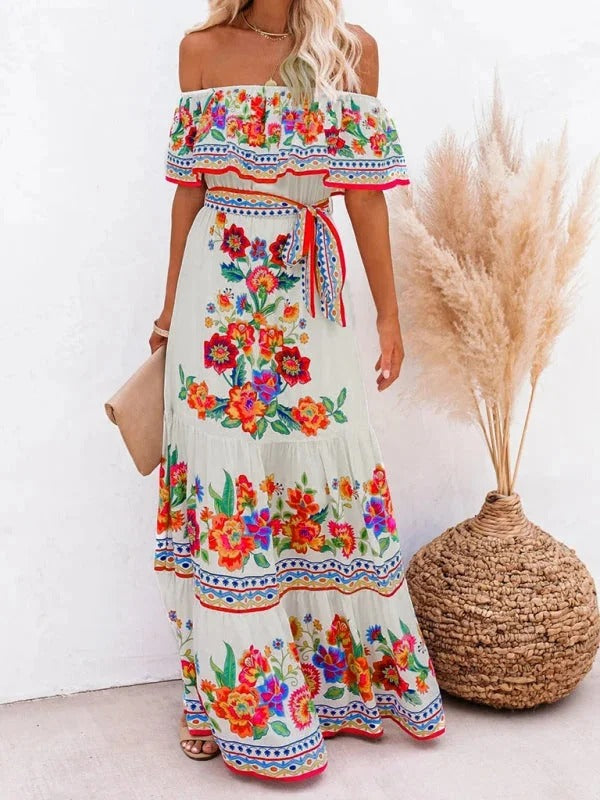Luna’s Women’s Off-Shoulder Maxi Dress – Garden Muse Elegant Flowy Party Style