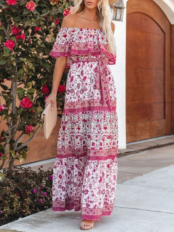 Luna’s Women’s Off-Shoulder Maxi Dress – Garden Muse Elegant Flowy Party Style