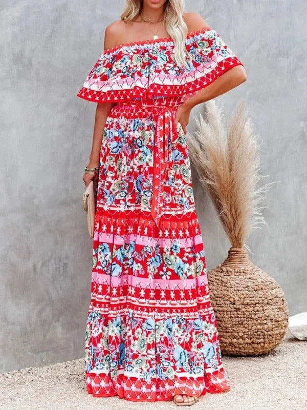 Luna’s Women’s Off-Shoulder Maxi Dress – Garden Muse Elegant Flowy Party Style