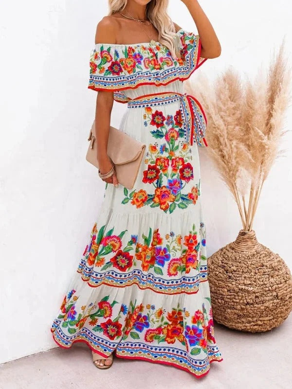 Luna’s Women’s Off-Shoulder Maxi Dress – Garden Muse Elegant Flowy Party Style