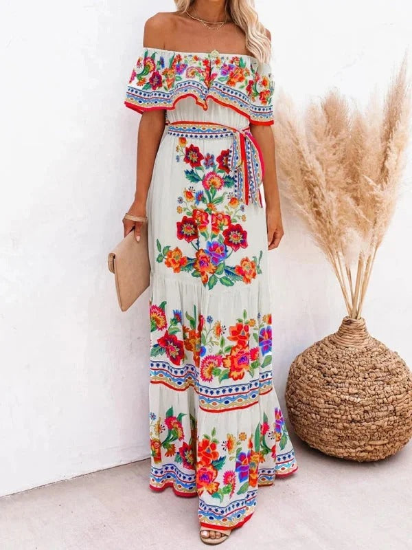 Luna’s Women’s Off-Shoulder Maxi Dress – Garden Muse Elegant Flowy Party Style