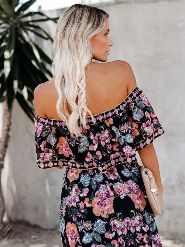 Luna’s Women’s Off-Shoulder Maxi Dress – Garden Muse Elegant Flowy Party Style