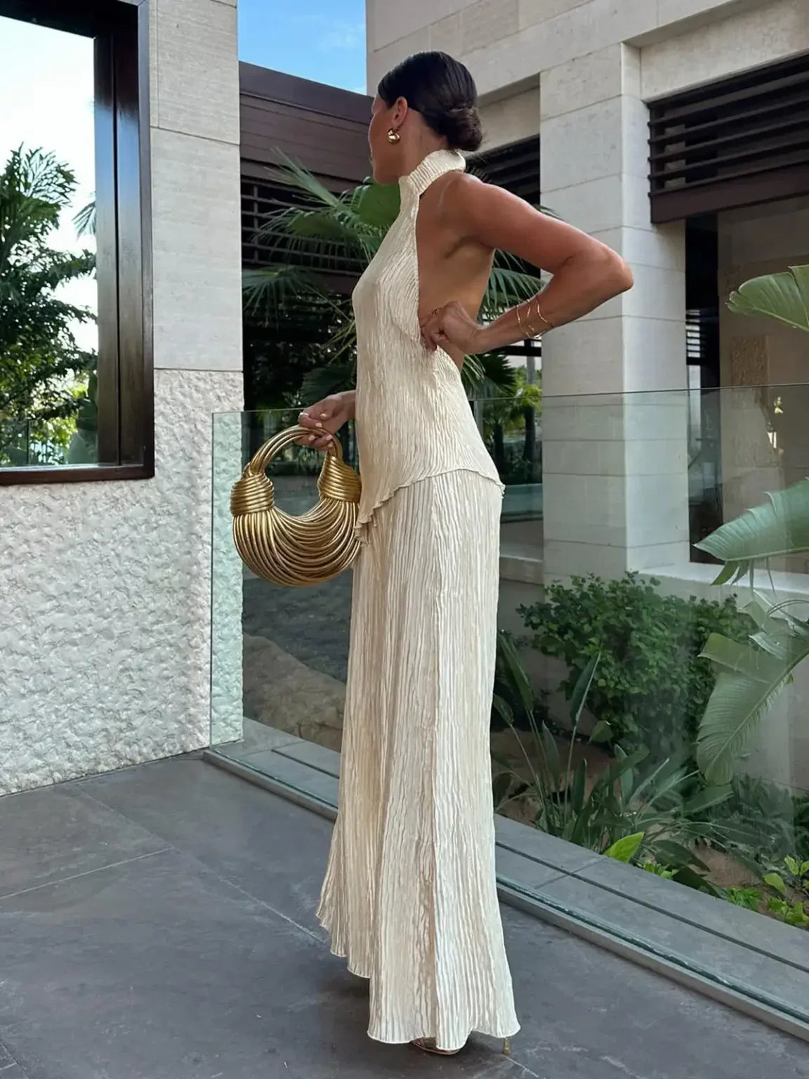Luna’s Women’s Pleated Two-Piece Set – Elegant Golden Casual Party Style