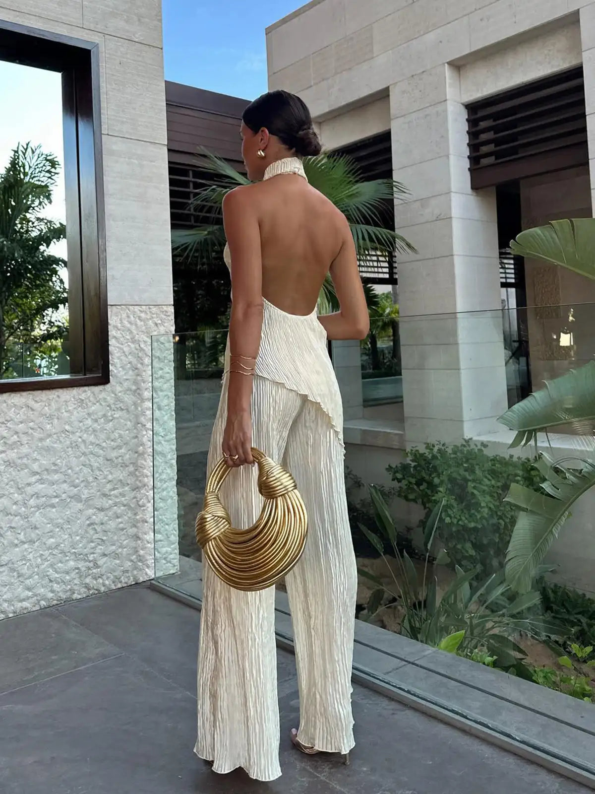 Luna’s Women’s Pleated Two-Piece Set – Elegant Golden Casual Party Style
