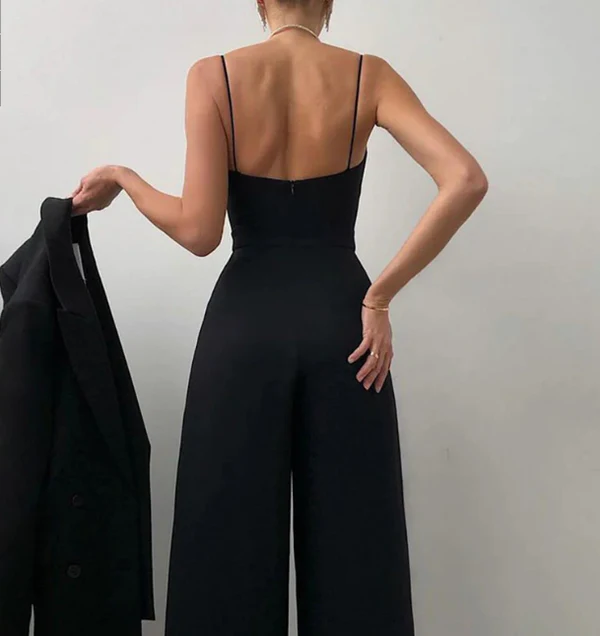 Luna’s Women’s Pleated Wide-Leg Jumpsuit – Elegant Midnight Allure Party Style
