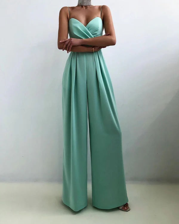 Luna’s Women’s Pleated Wide-Leg Jumpsuit – Elegant Midnight Allure Party Style