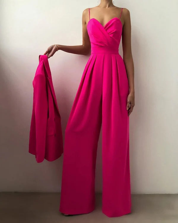 Luna’s Women’s Pleated Wide-Leg Jumpsuit – Elegant Midnight Allure Party Style