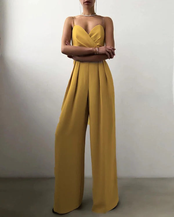 Luna’s Women’s Pleated Wide-Leg Jumpsuit – Elegant Midnight Allure Party Style