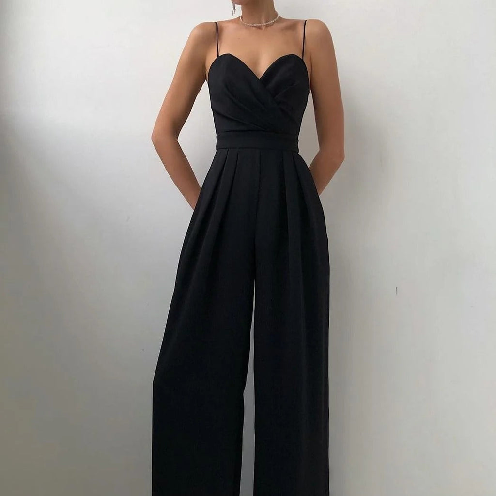 Luna’s Women’s Pleated Wide-Leg Jumpsuit – Elegant Midnight Allure Party Style