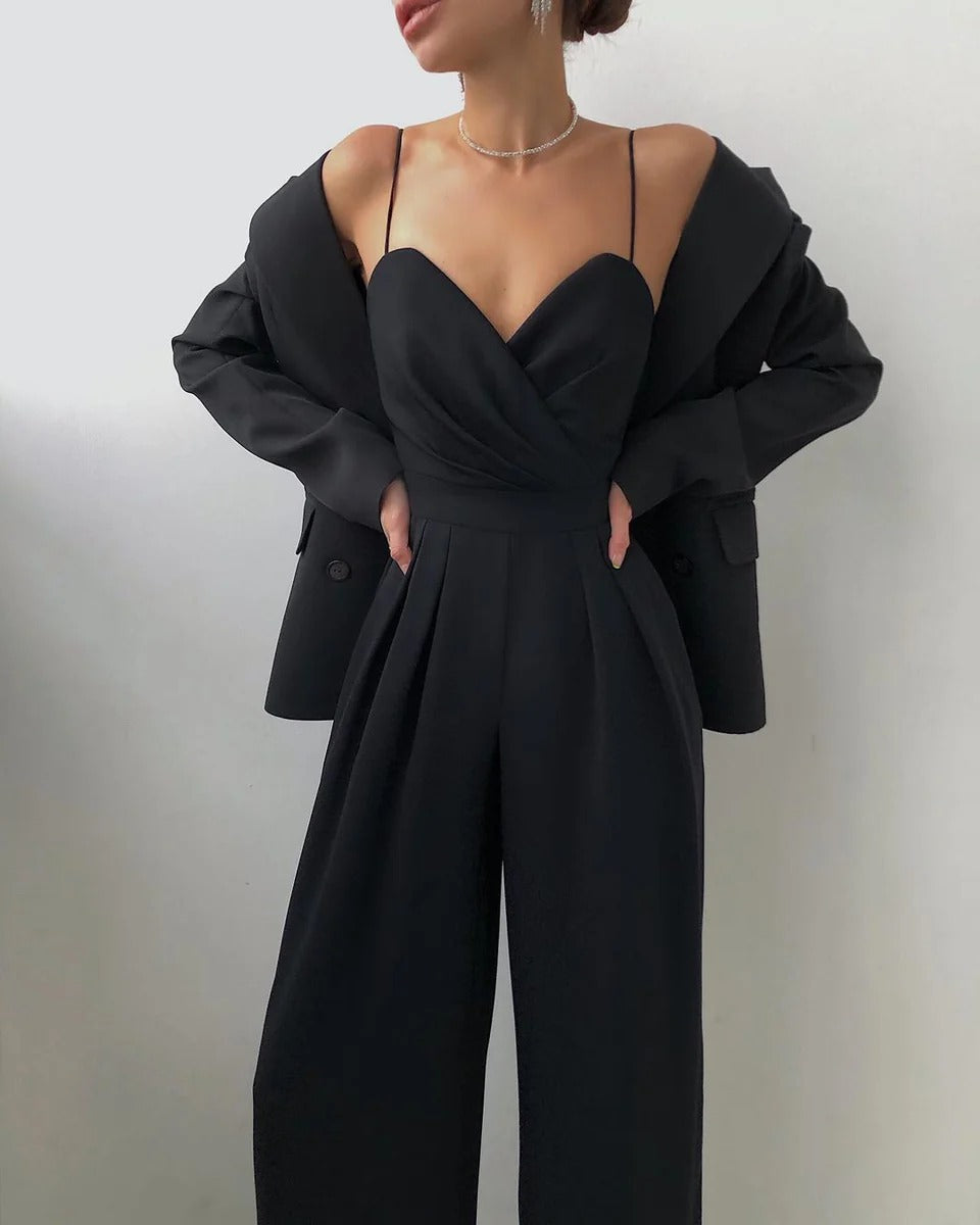 Luna’s Women’s Pleated Wide-Leg Jumpsuit – Elegant Midnight Allure Party Style