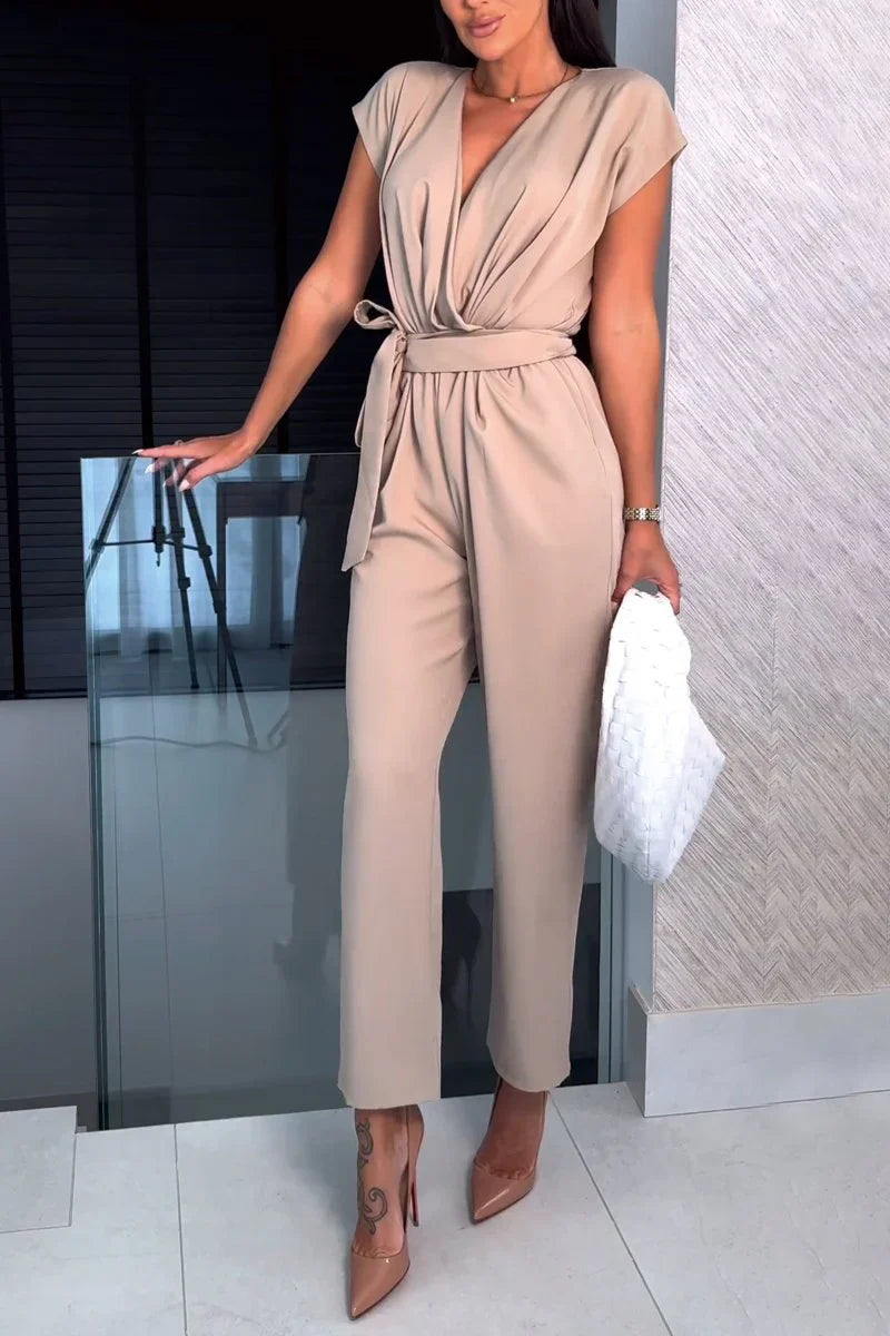 Women's Wrap Detail Jumpsuit – Elegant V-Neck Wide-Leg Evening Party Style