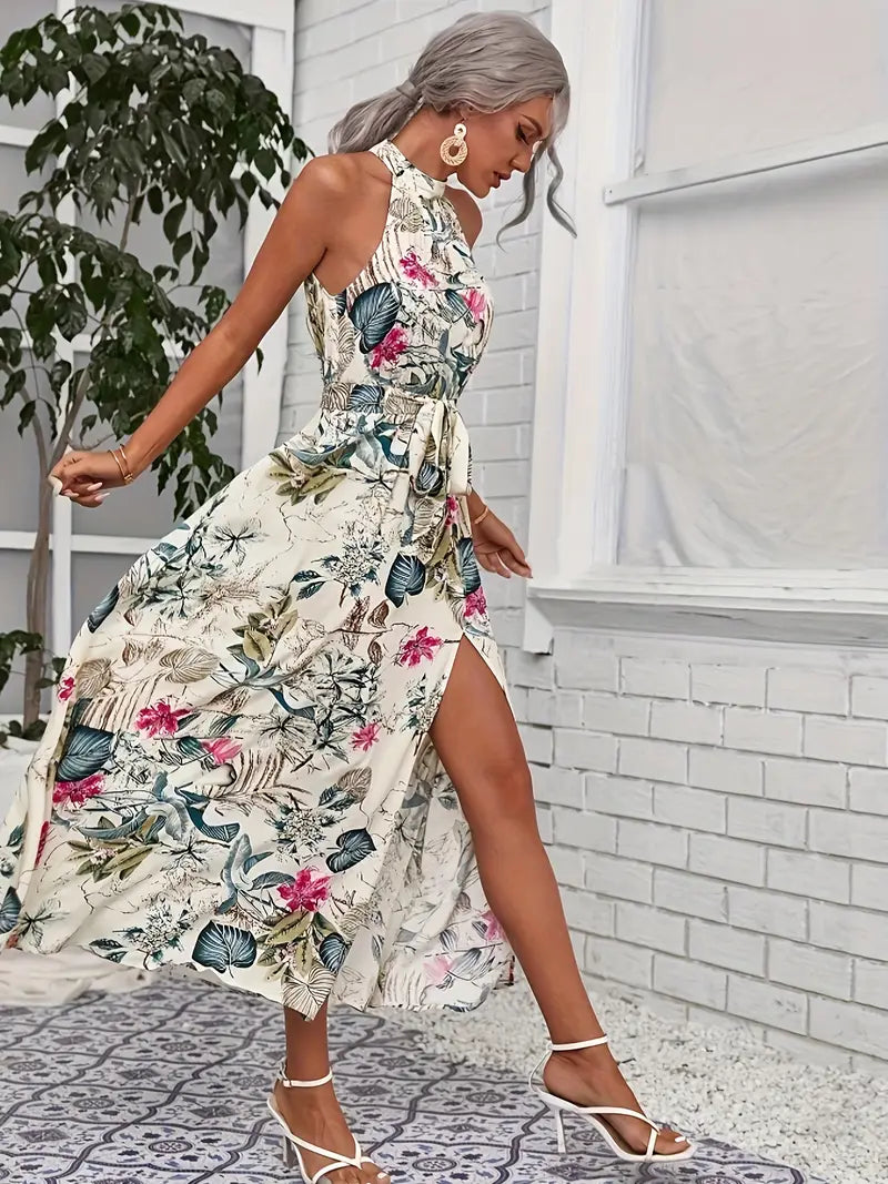 Luna’s Women’s Tie-Waist Halter Dress – Sunlit Whimsy Casual Summer Style