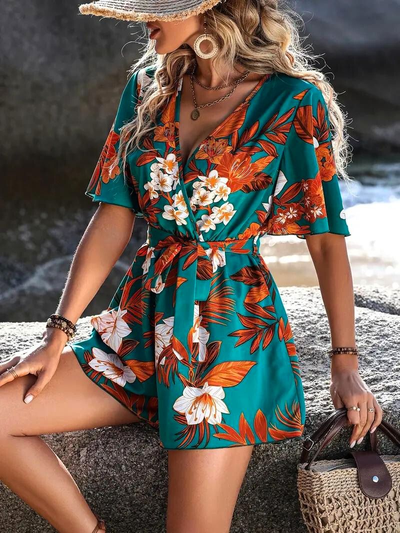 Luna’s Women’s Tropical Wrap Playsuit – Lightweight Casual Summer Vacation Style