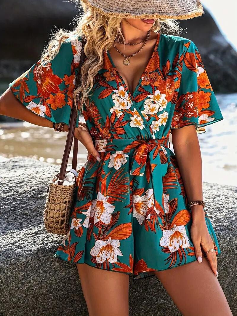 Luna’s Women’s Tropical Wrap Playsuit – Lightweight Casual Summer Vacation Style