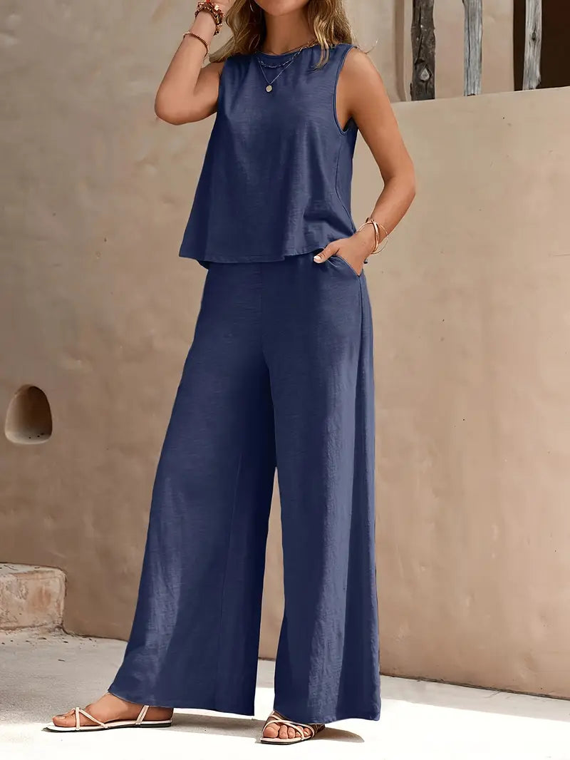 Luna’s Women’s Wide-Leg Two-Piece Set – Elegant Flowy Casual Party Style