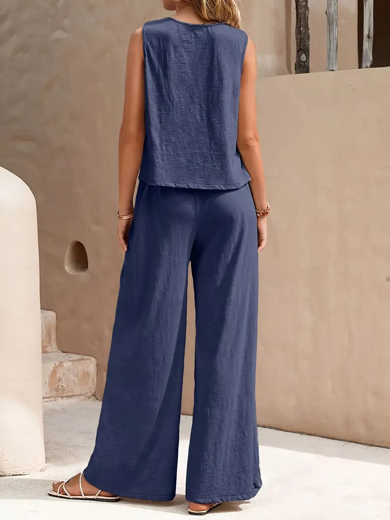 Luna’s Women’s Wide-Leg Two-Piece Set – Elegant Flowy Casual Party Style