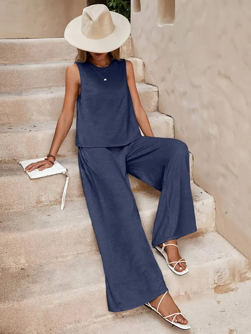 Luna’s Women’s Wide-Leg Two-Piece Set – Elegant Flowy Casual Party Style