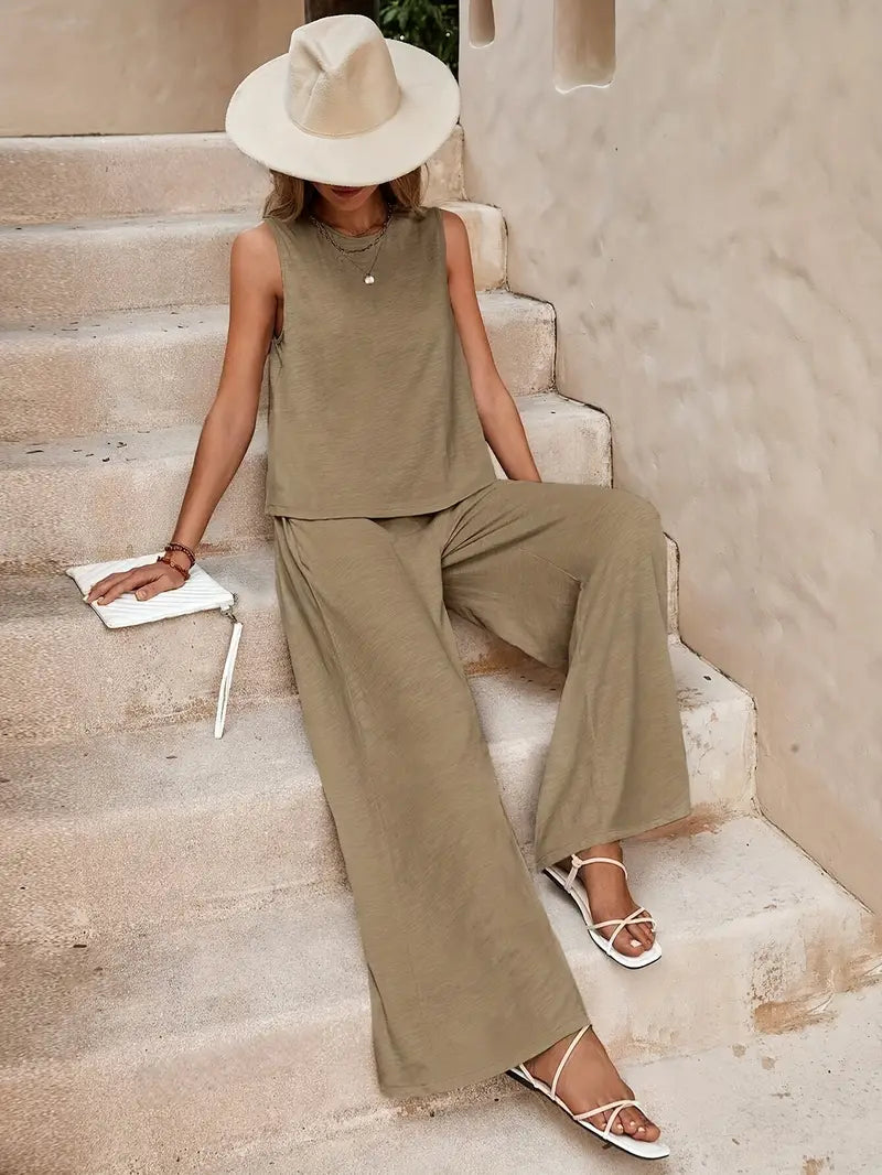 Luna’s Women’s Wide-Leg Two-Piece Set – Elegant Flowy Casual Party Style