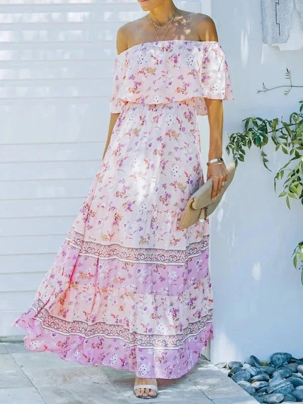 Luna’s Women’s Off-Shoulder Maxi Dress – Garden Muse Elegant Flowy Party Style