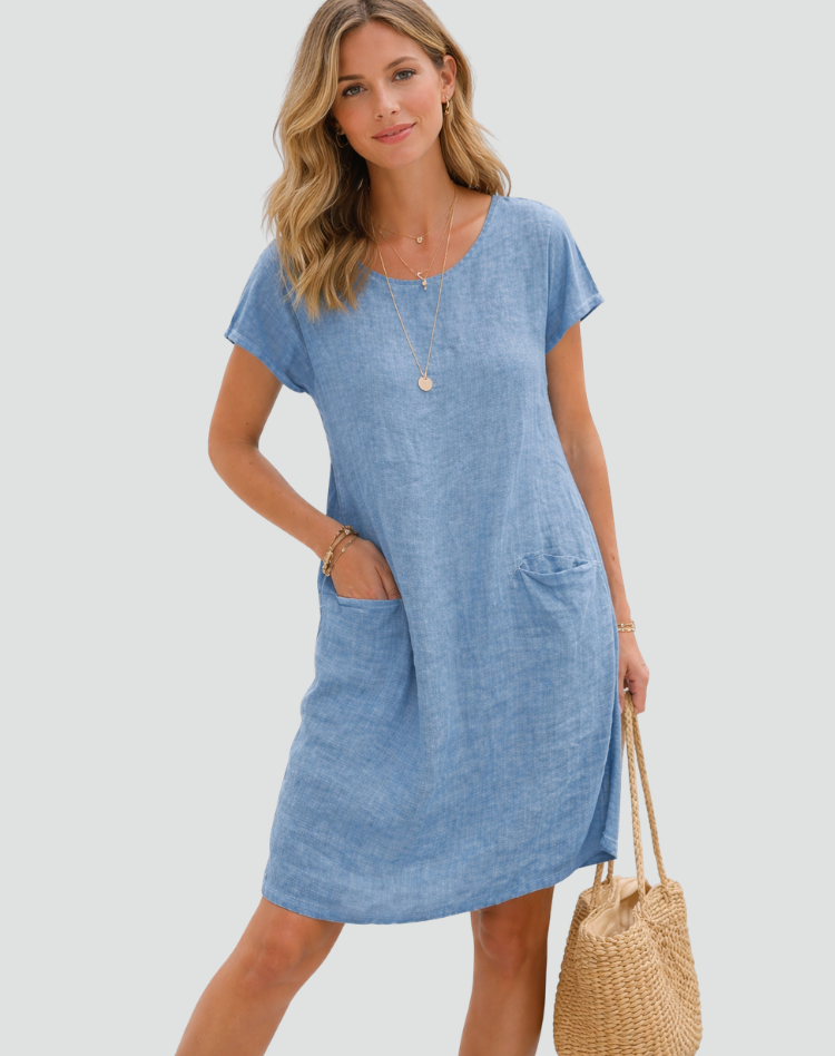 Women's Linen Mini Dress – Relaxed Pocket Summer Daywear