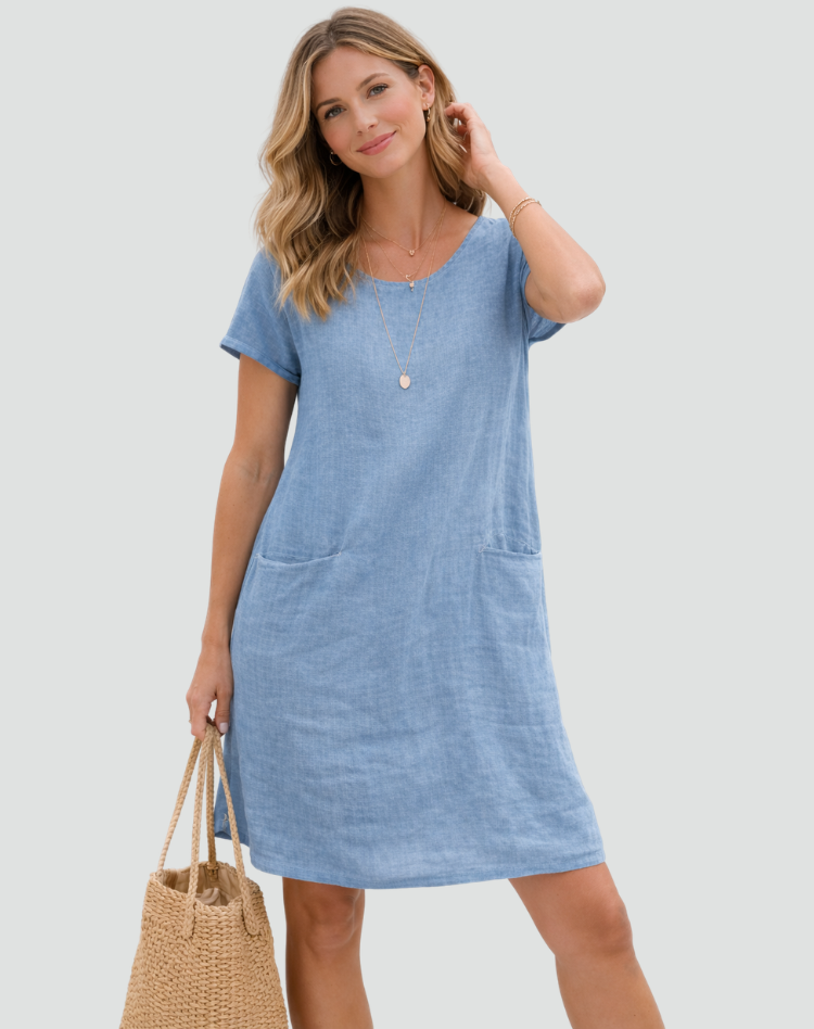 Women's Linen Mini Dress – Relaxed Pocket Summer Daywear