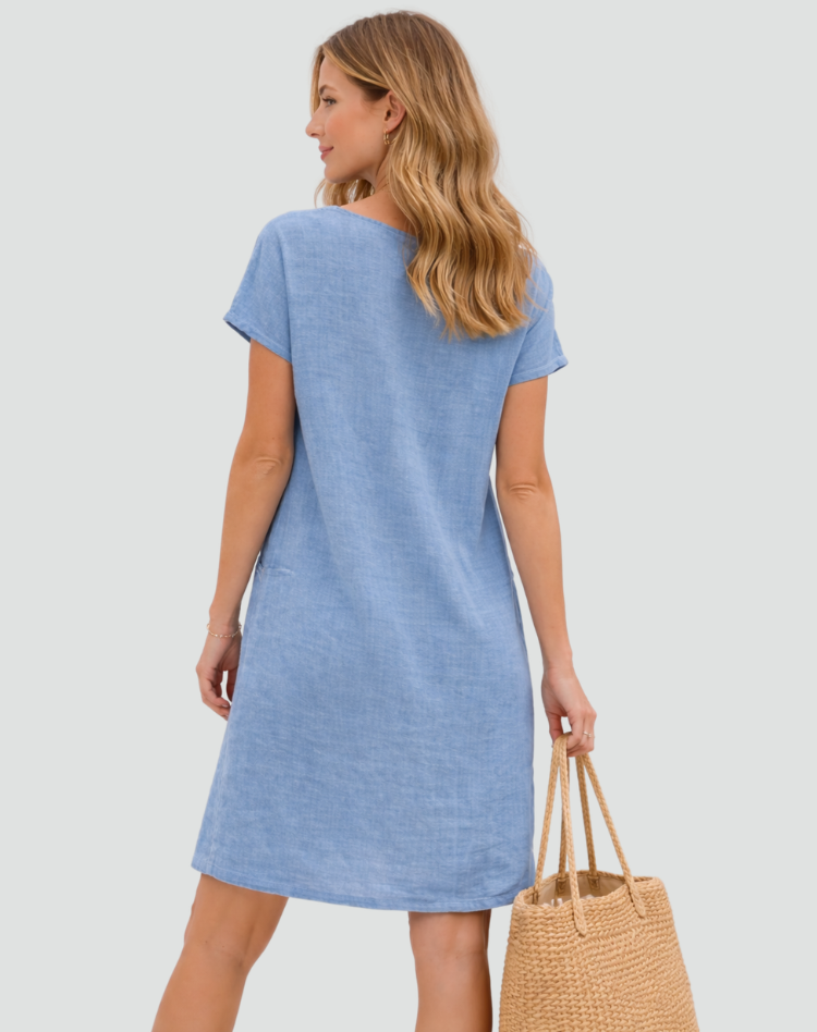Women's Linen Mini Dress – Relaxed Pocket Summer Daywear
