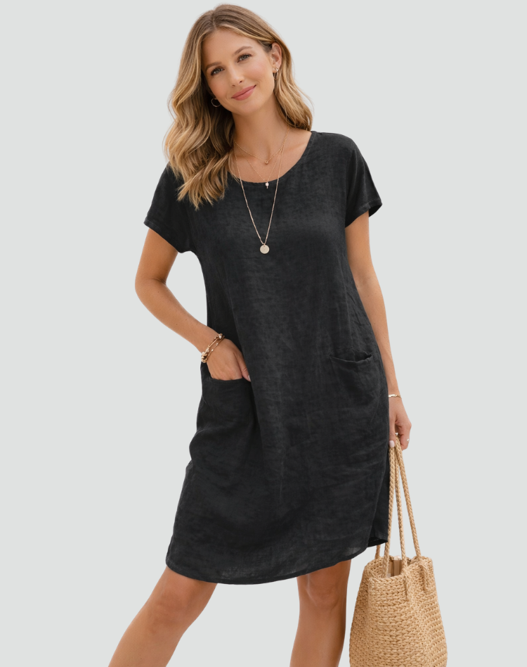 Women's Linen Mini Dress – Relaxed Pocket Summer Daywear