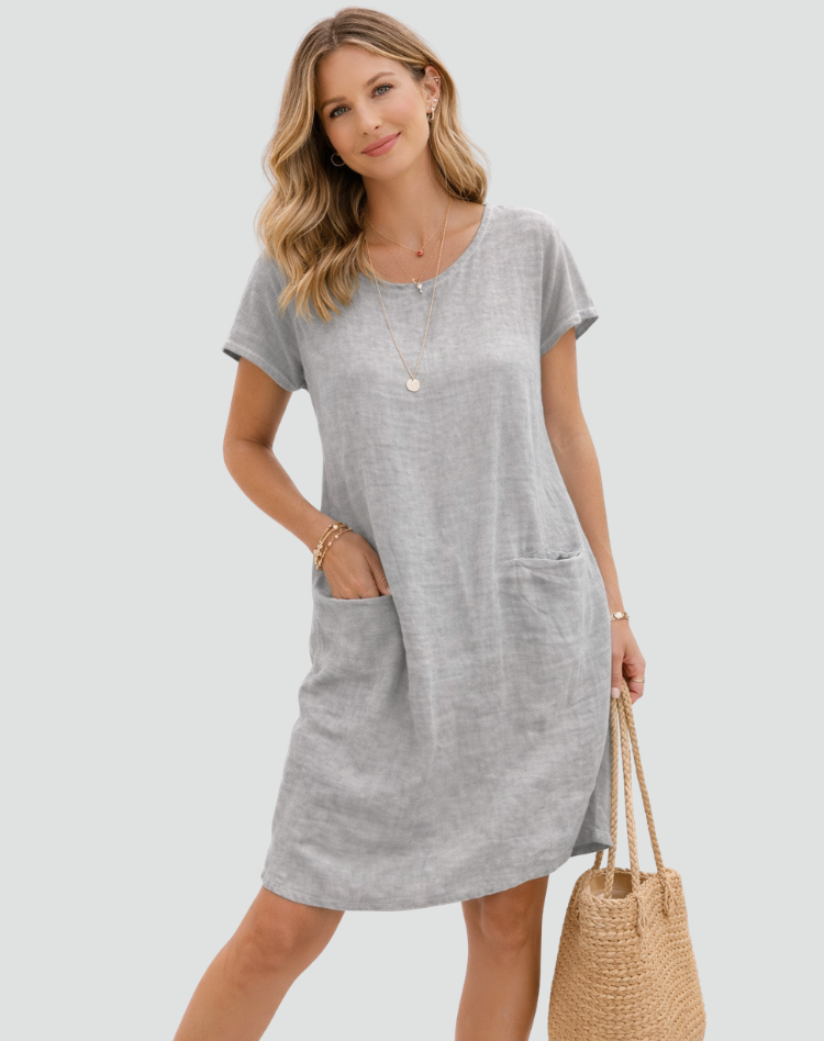 Women's Linen Mini Dress – Relaxed Pocket Summer Daywear