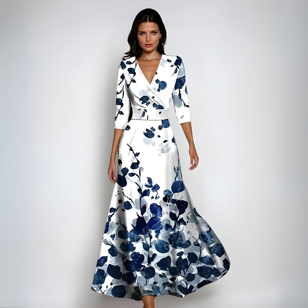 Women's Floral V Neck Maxi Dress – Long Sleeve Flowy Occasion Dress
