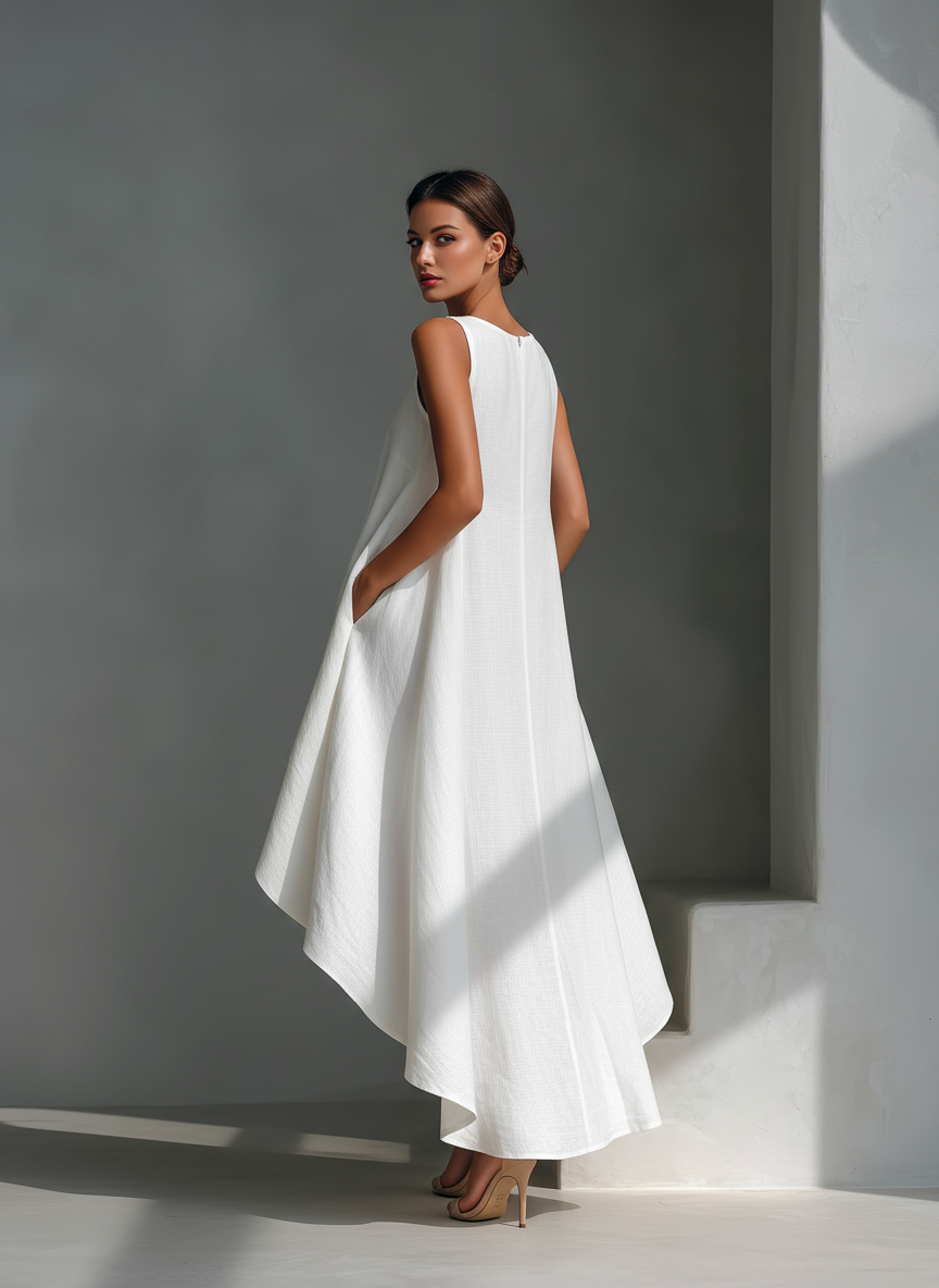 Women's Sleeveless Linen Midi Dress - Round Neck Asymmetric Hem Style