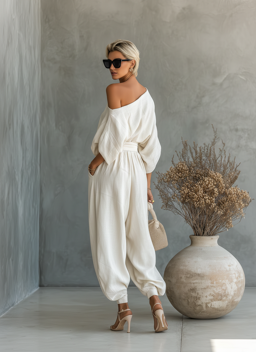 Women's Off Shoulder Trouser Set – Tapered Pants Summer Outfit