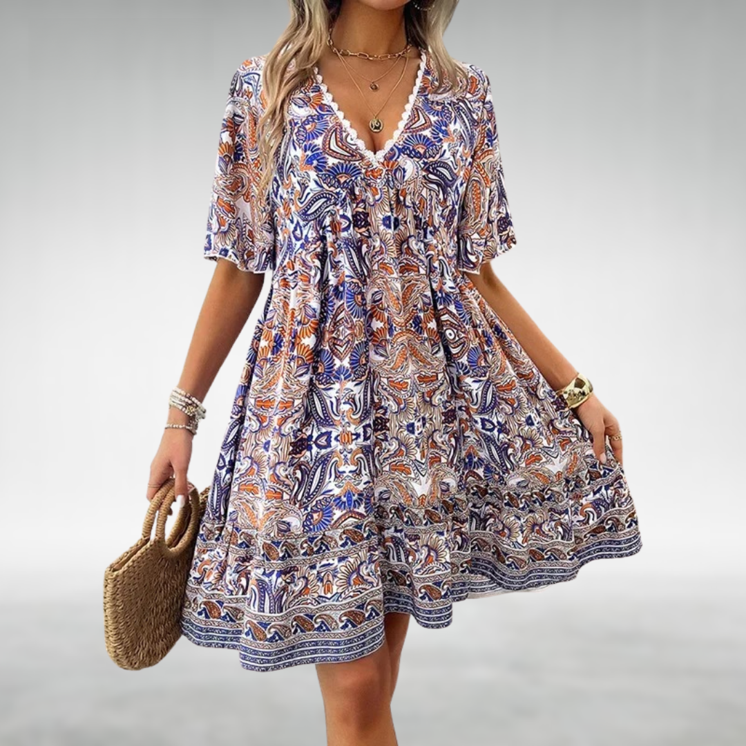 Women’s Boho Mini Dress – V-Neck Ethnic Print Casual Summer Style