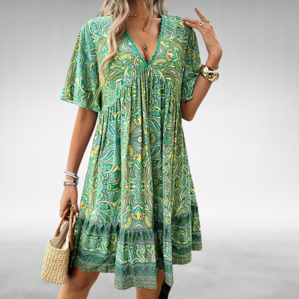 Women’s Boho Mini Dress – V-Neck Ethnic Print Casual Summer Style