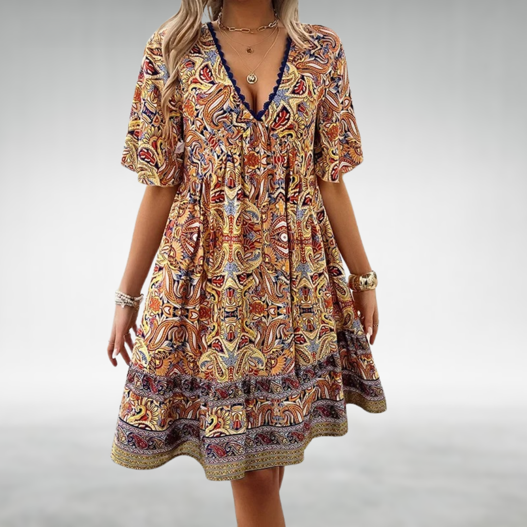 Women’s Boho Mini Dress – V-Neck Ethnic Print Casual Summer Style