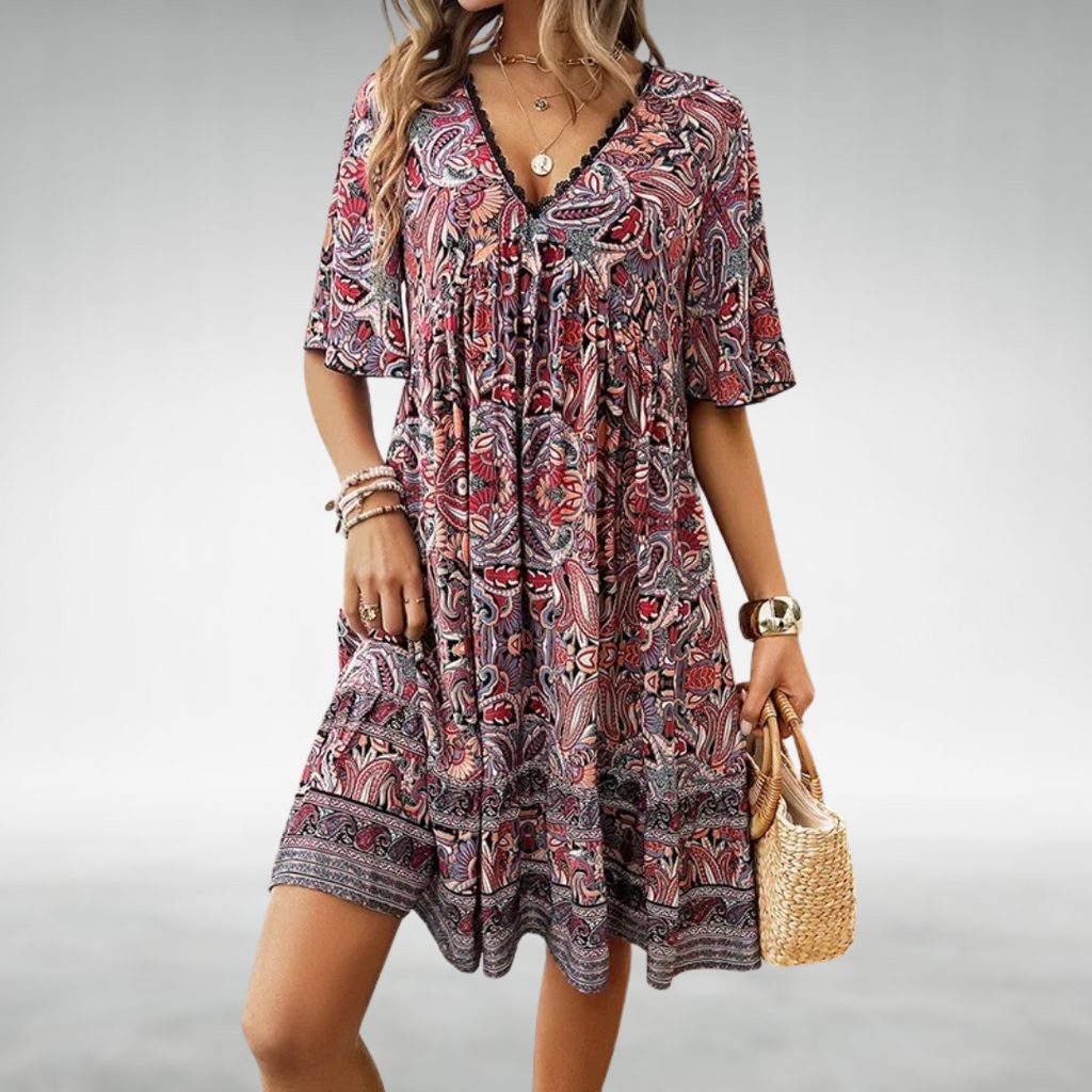 Women’s Boho Mini Dress – V-Neck Ethnic Print Casual Summer Style