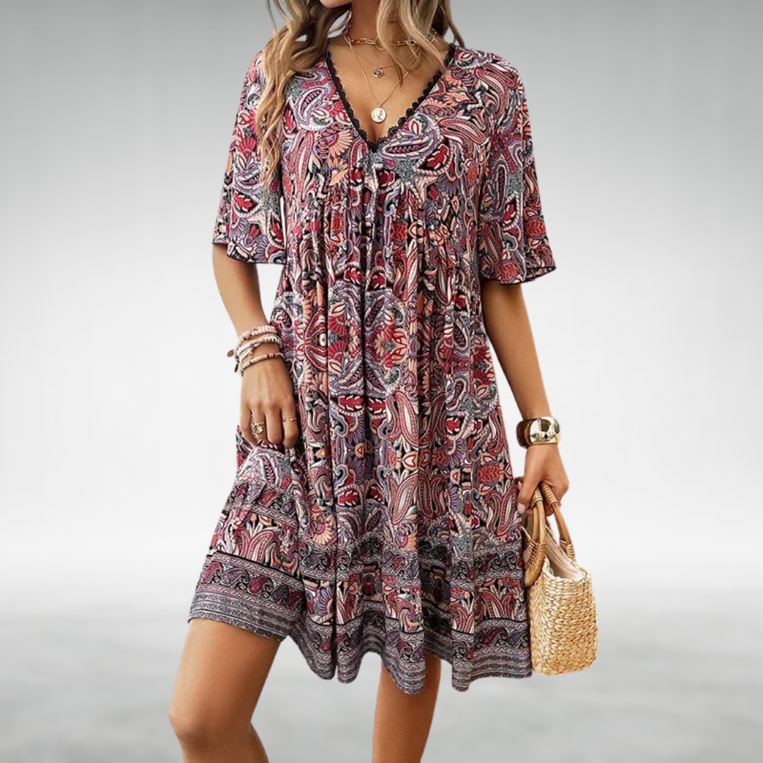 Women’s Boho Mini Dress – V-Neck Ethnic Print Casual Summer Style