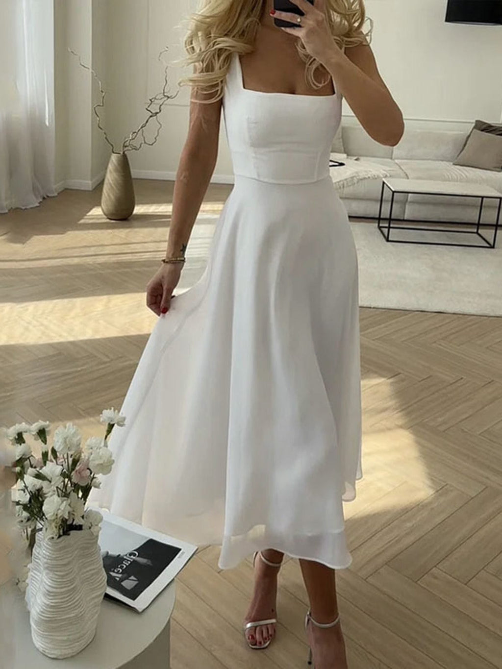 Women's Square Neck Summer Dress – Classic Feminine Warm Weather Dress