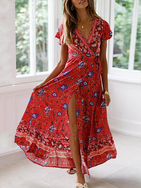 Women's Boho Floral Maxi Wrap Dress – V-Neck Short Sleeves Structured Waistband Summer Dress