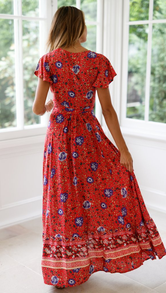 Women's Boho Floral Maxi Wrap Dress – V-Neck Short Sleeves Structured Waistband Summer Dress