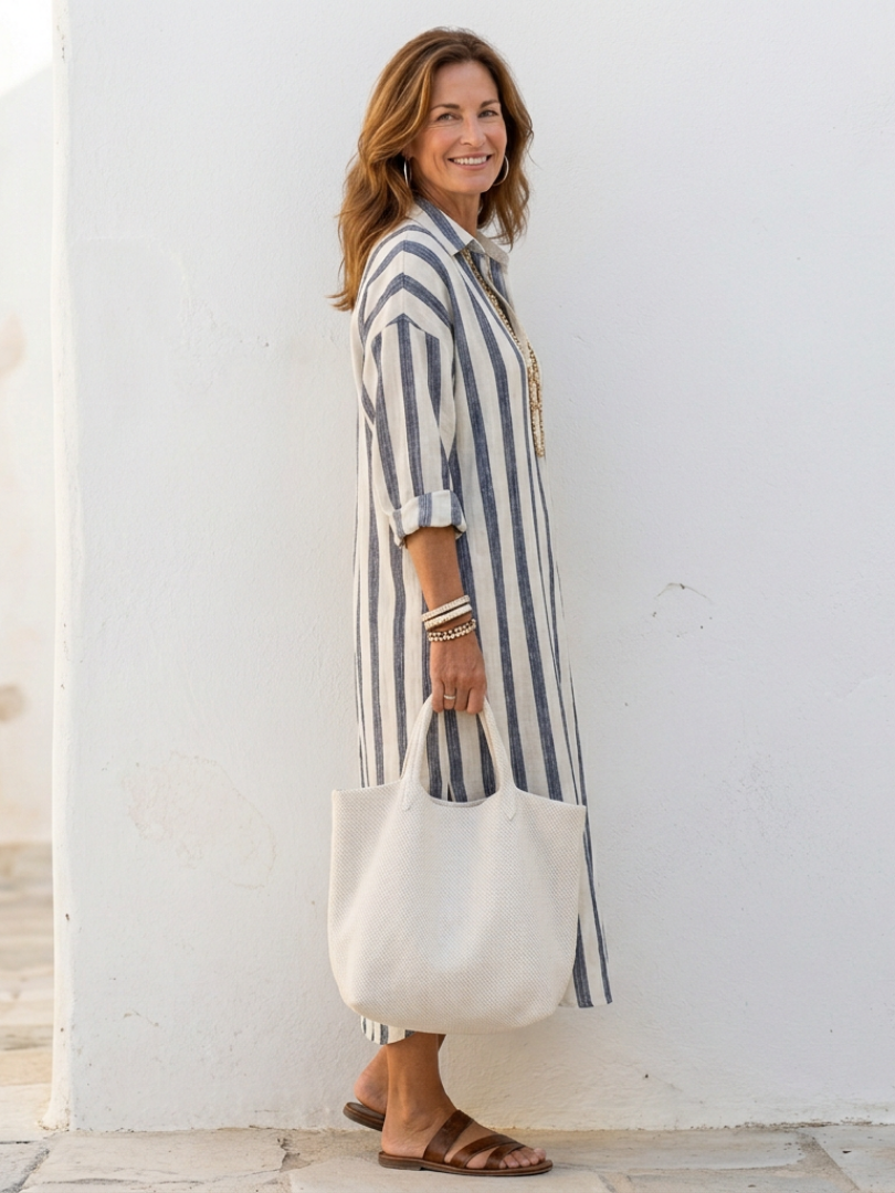 Women's Long Sleeve Striped Midi Shirt Dress – Relaxed Button Front Day Dress