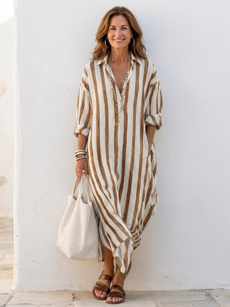 Women's Long Sleeve Striped Midi Shirt Dress – Relaxed Button Front Day Dress