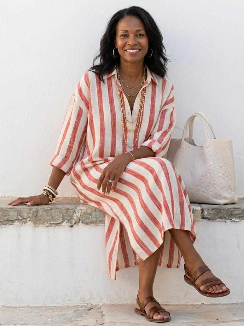 Women's Long Sleeve Striped Midi Shirt Dress – Relaxed Button Front Day Dress