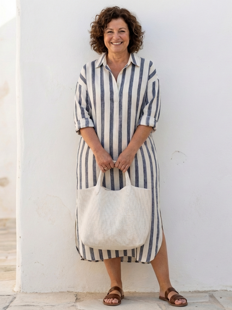 Women's Long Sleeve Striped Midi Shirt Dress – Relaxed Button Front Day Dress