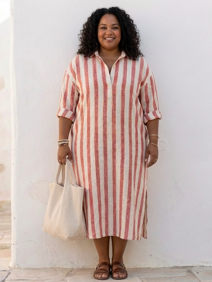 Women's Long Sleeve Striped Midi Shirt Dress – Relaxed Button Front Day Dress