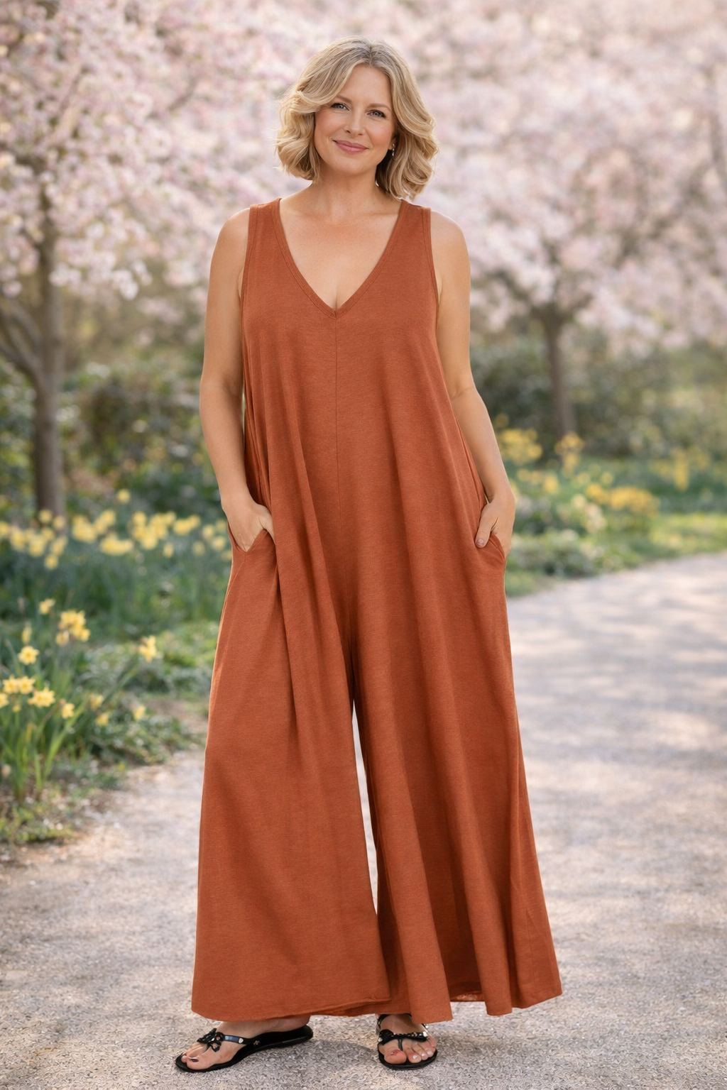 Women's Rust Sleeveless V-Neck Wide-Leg Jumpsuit with Pockets